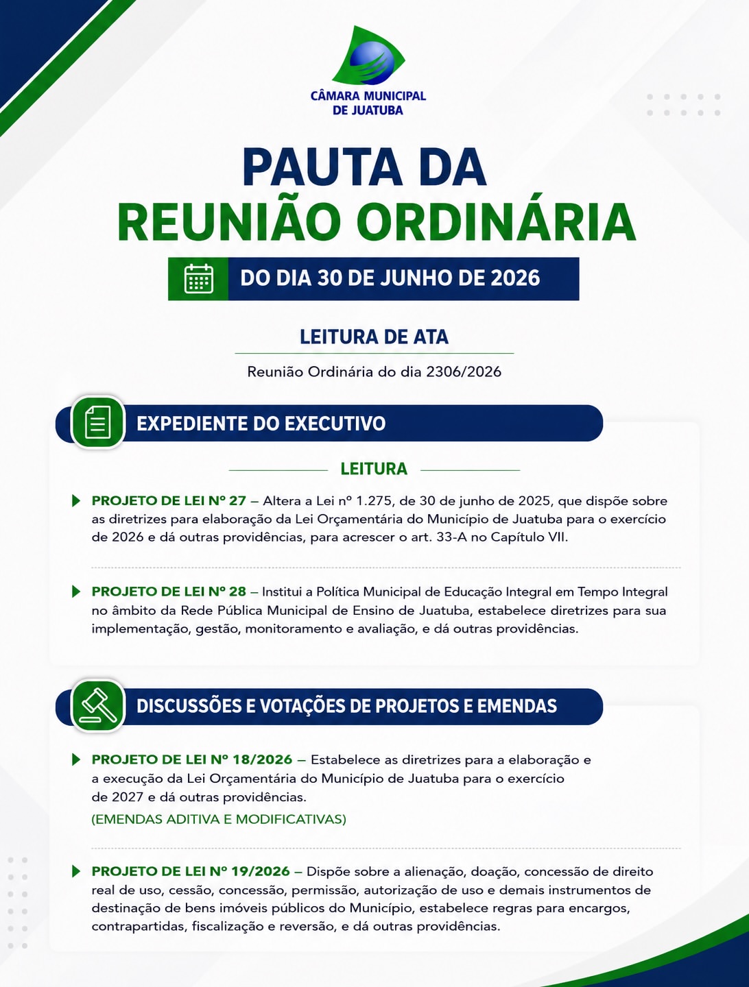 Hoje é dia de reunião ordinária, às 9h, no setor de Gabinetes. Acompanhe a pauta da última reunião d…