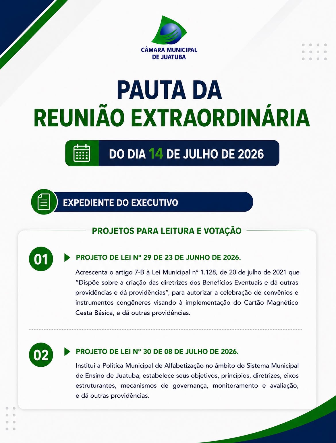 Amanhã teremos reunião extraordinária no Legislativo, acompanhe presencialmente no setor de Gabinete…