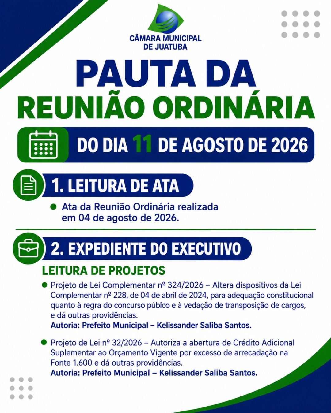 Confira a pauta da sessão ordinária de hoje no Legislativo.
Acompanhe pessoalmente às 9h, no setor d…