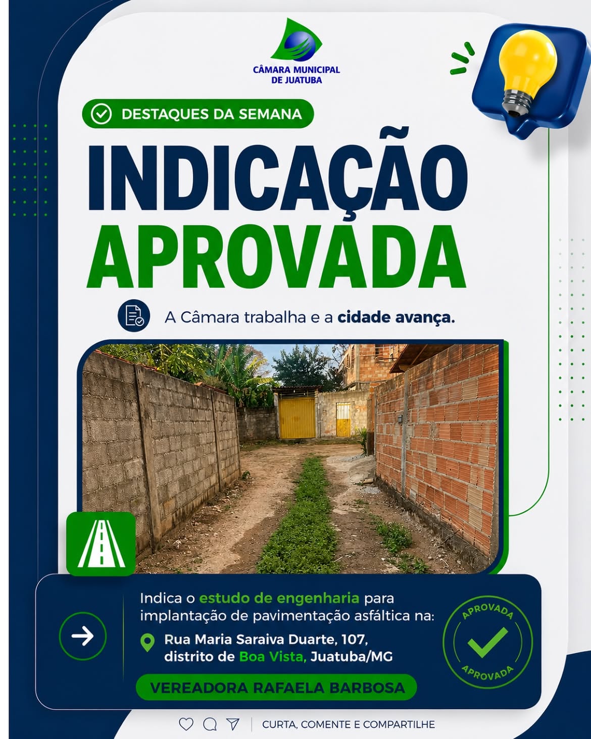 Confira a indicação destaque da semana.🤝
Câmara de Juatuba, o Legislativo a serviço da população.