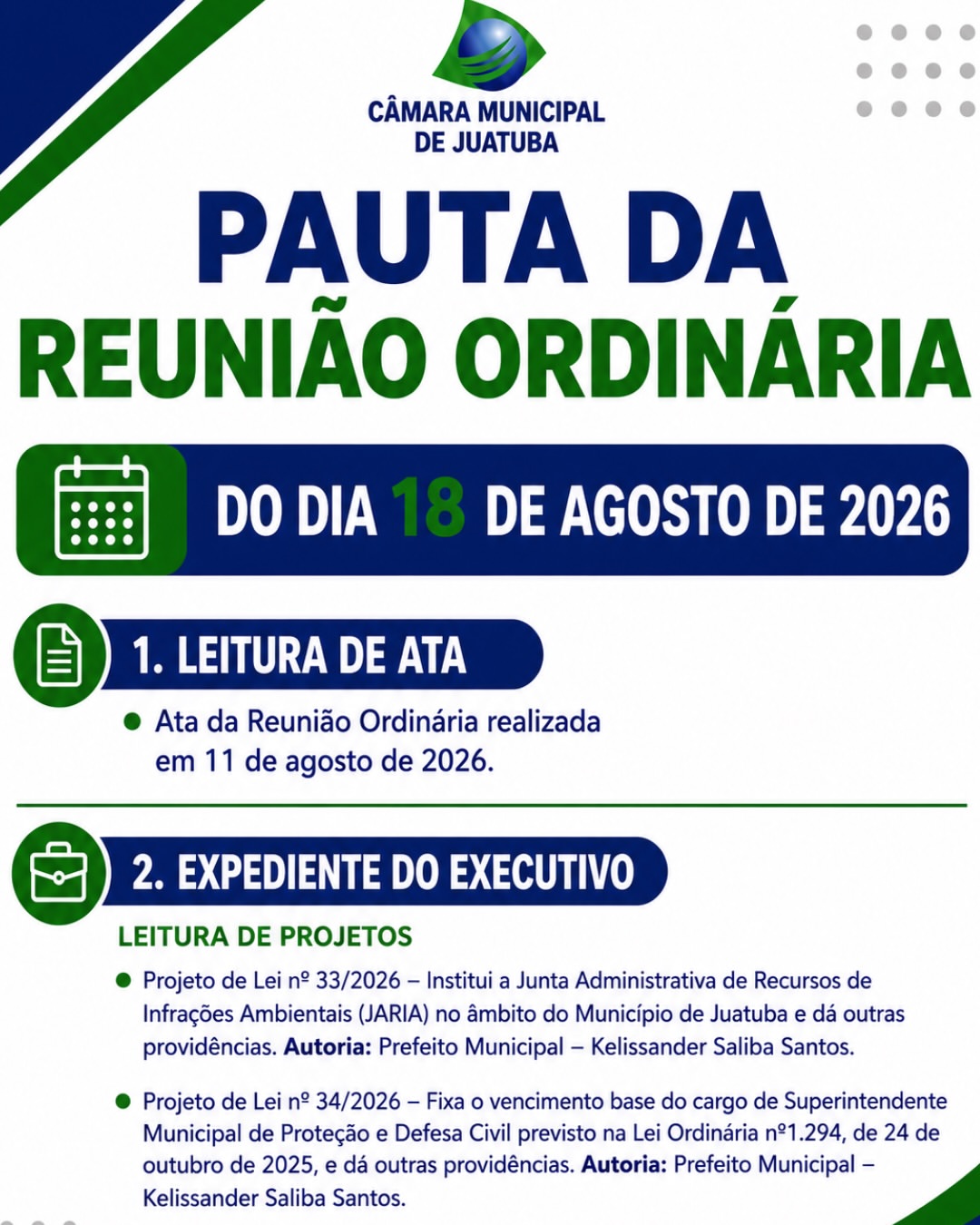 Confira a pauta da reunião ordinária de hoje, dia 18 de agosto. 🤝