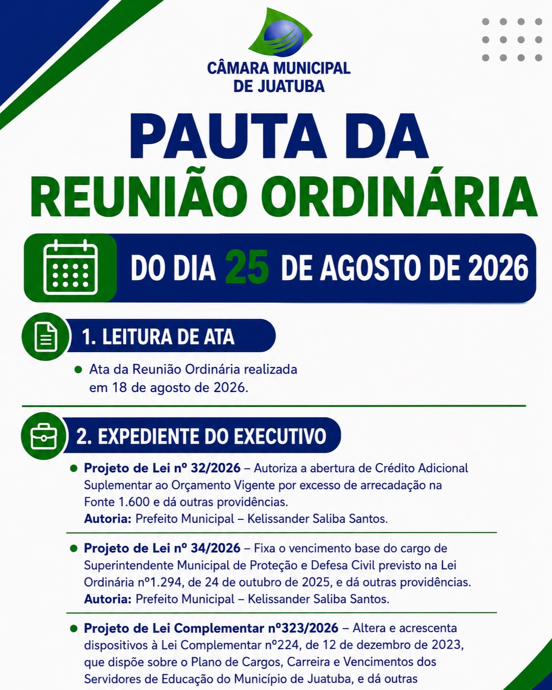 Confira a pauta da Reunião Ordinária de amanhã, 25 de agosto. 

📲 Acompanhe ao vivo pelas nossas re…