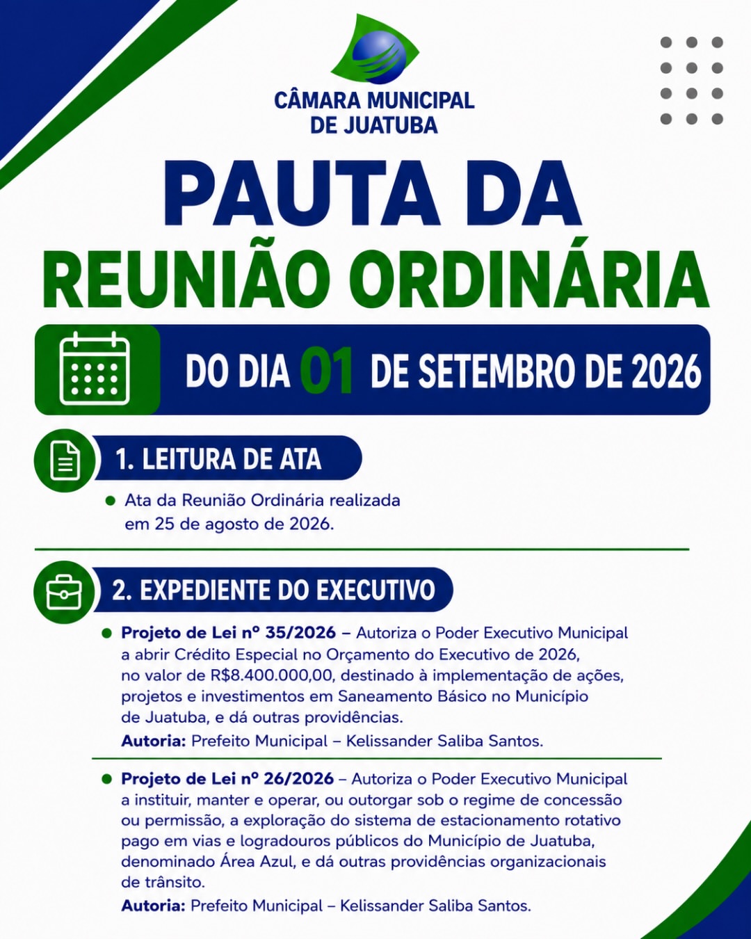 Confira a pauta da Reunião Ordinária desta terça-feira, 1º de setembro. 📋

Acompanhe a reunião, às …