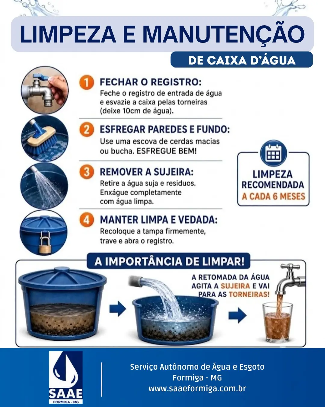 COMUNICADO DE UTILIDADE PÚBLICA: Limpeza e Manutenção de Caixas d'Água

❓Já limpou sua caixa d'água …