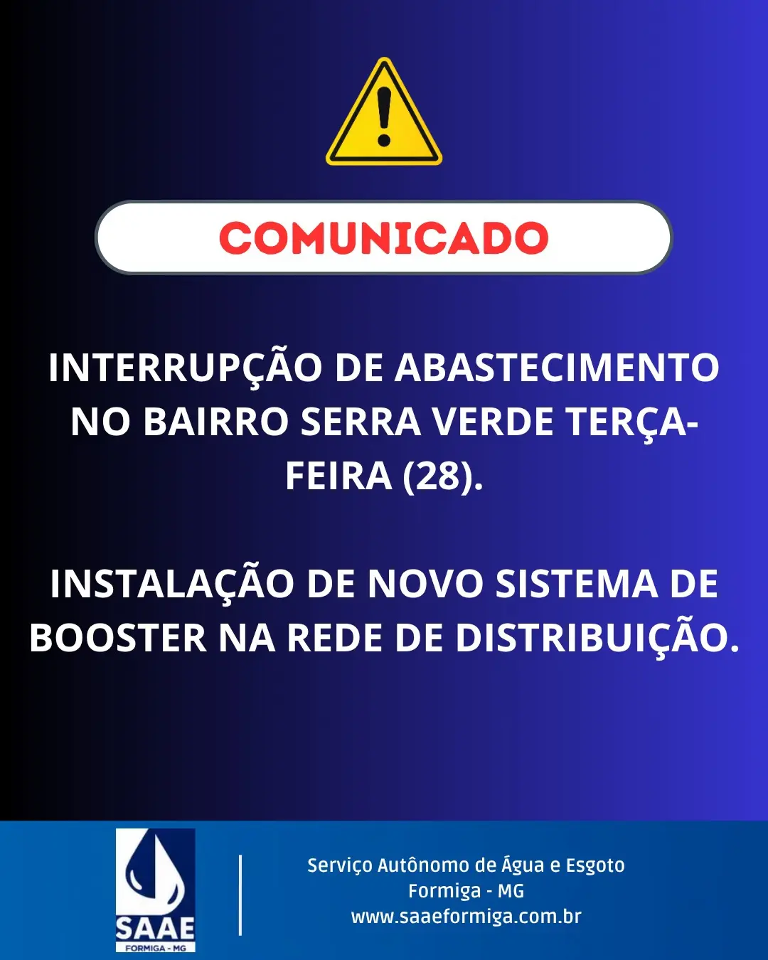 AVISO IMPORTANTE: INTERRUPÇÃO DE ABASTECIMENTO.

Atenção, moradores do bairro Serra Verde!

Nesta te…