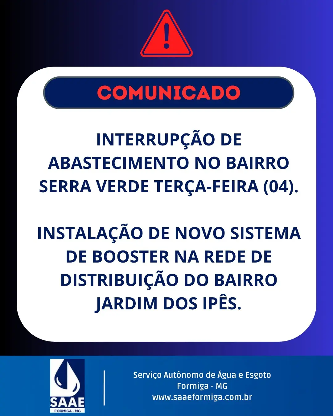 AVISO IMPORTANTE: INTERRUPÇÃO DE ABASTECIMENTO

Atenção, moradores do bairro Serra Verde!
Nesta terç…