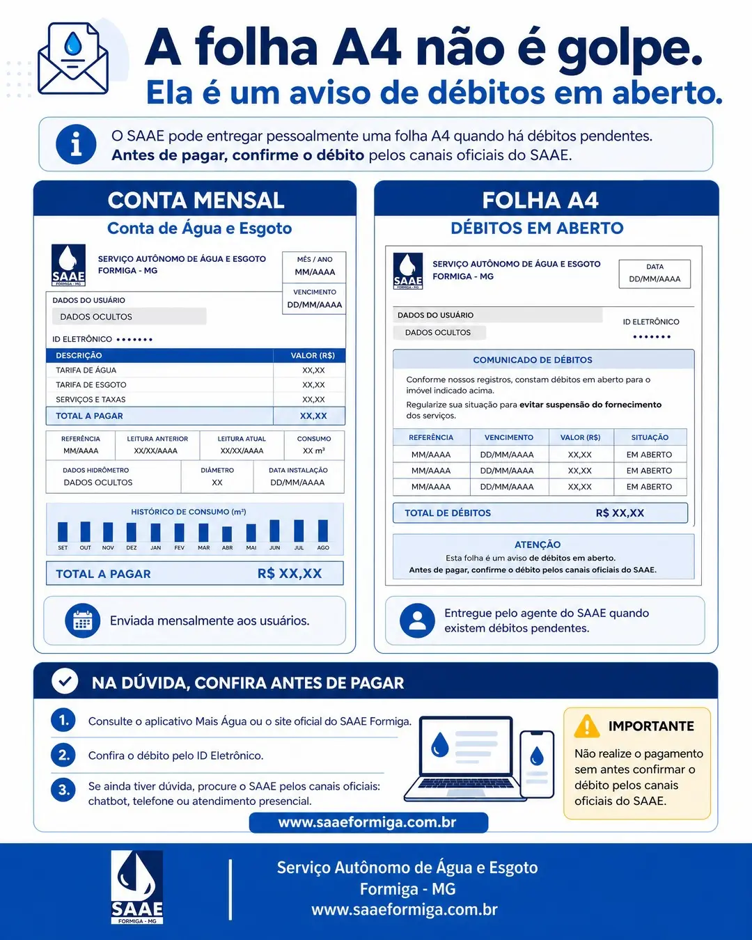 A folha A4 não é golpe! É o nosso comunicado de débitos em aberto. 📄💧

Recebeu uma notificação em …